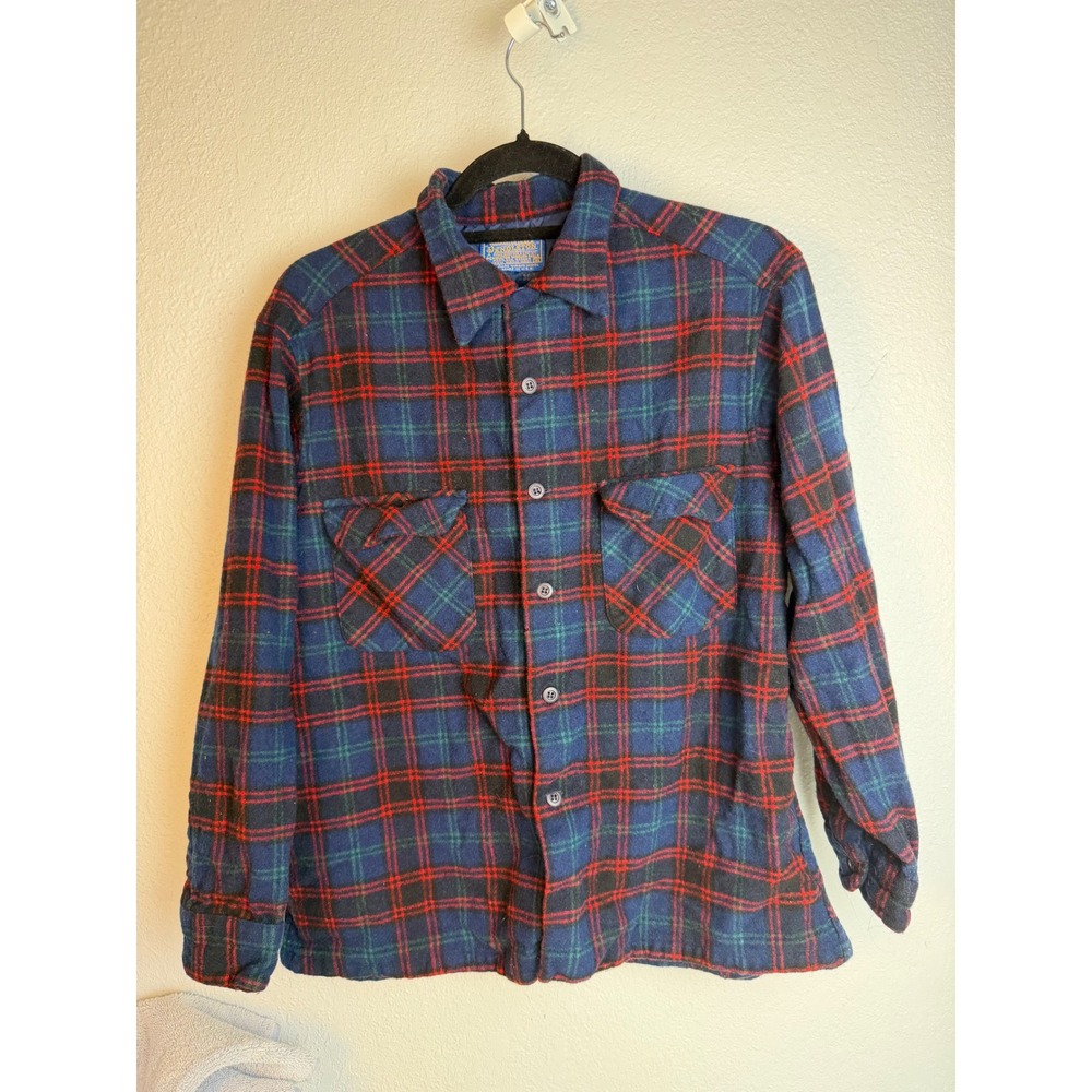 Vtg. Pendleton Wool Flannel Shirt XL Blue Red Auth. Home Tartan Plaid Made USA